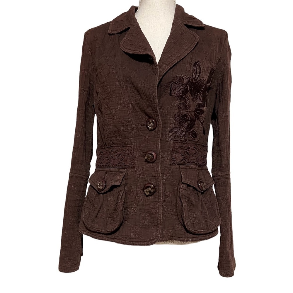 LOVE POLLY WOMENS CHOCOLATE BROWN JACKET WITH FLORAL EMBROIDERY SIZE MEDIUM